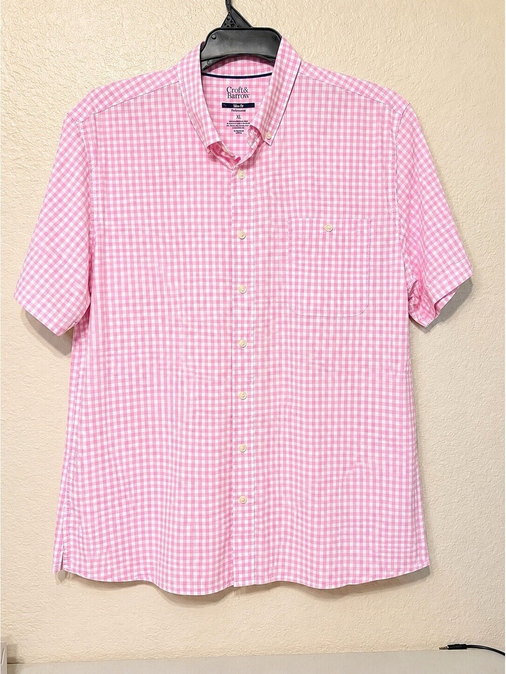 Croft & Barrow Men’s 2XL Pink Gingham Short Sleeve Button Down Shirt Slim Fit